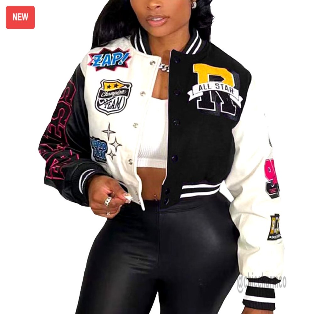 Cropped Varsity Bomber Jacket, Polyester, Button … - image 1